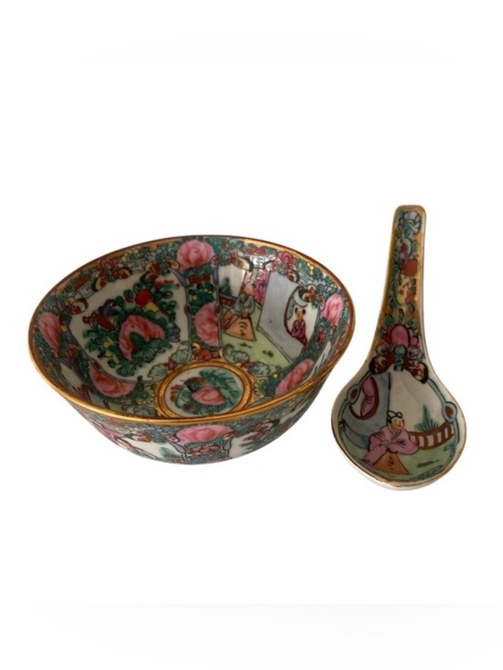 Rose Medallion Famille Rose small rice bowls with matching spoons 4.5”